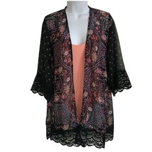 🔴 4/$15 Rewind Juniors S Black Pink Floral Sheer Crochet Lace Trim Cardigan EUC